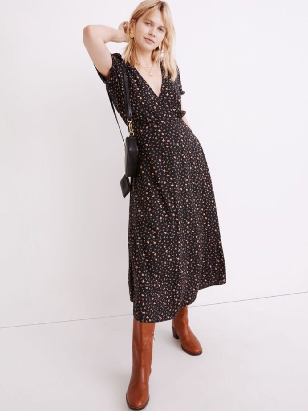 Madewell Floral Puff-Sleeve Faux-Wrap Cottagecore Midi Dress Stem Scatter size 0